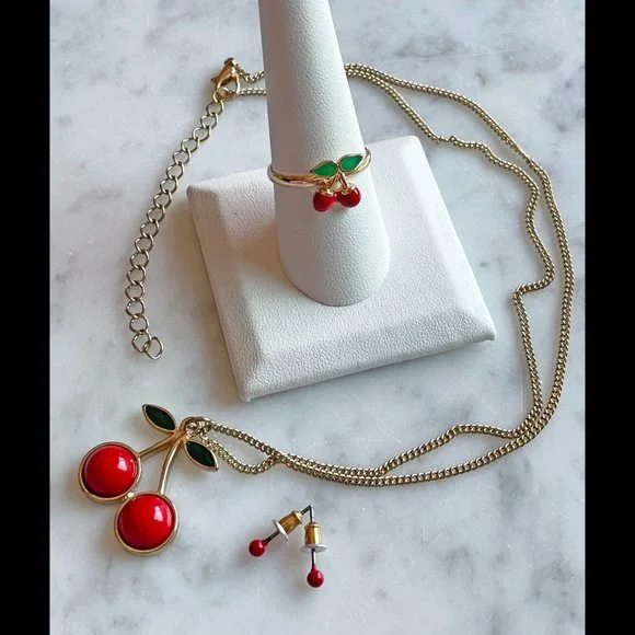 Cherries Necklace and Ring with Coordinating Post Earrings, 3-Piece Set - Picture 2 of 7